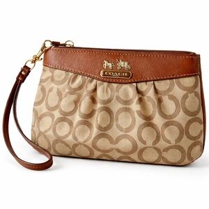 Coach Signature Canvas Wristlet Pouch Brown Leather Trim Small Handbag Classic